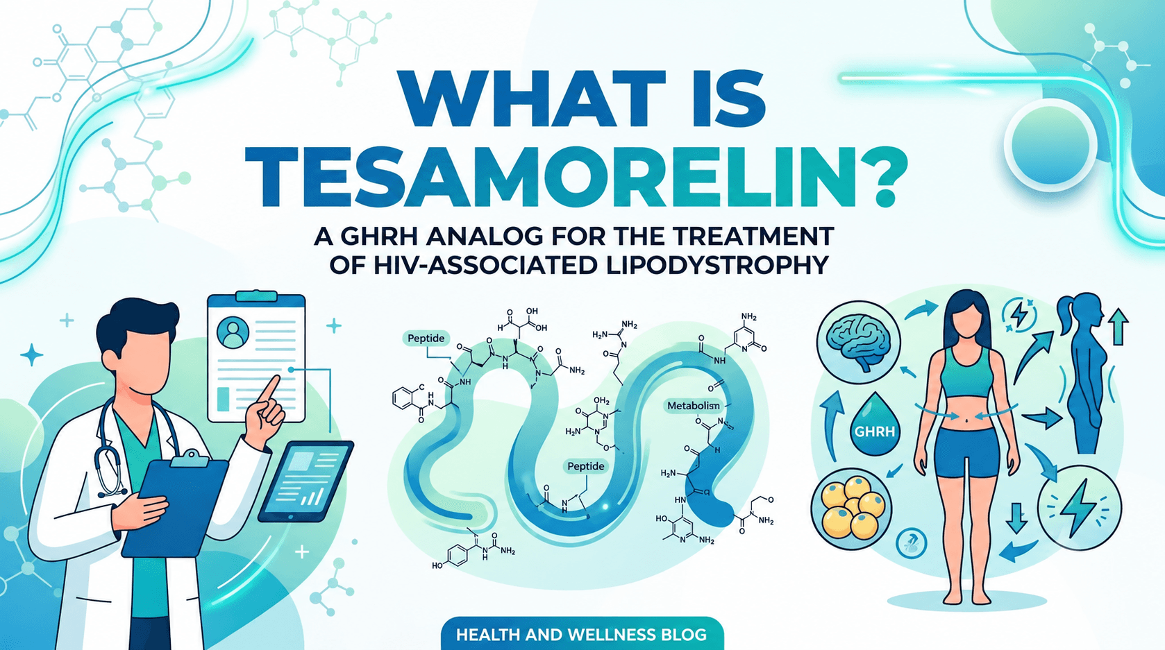 Scientific illustration explaining tesamorelin and HIV-associated lipodystrophy